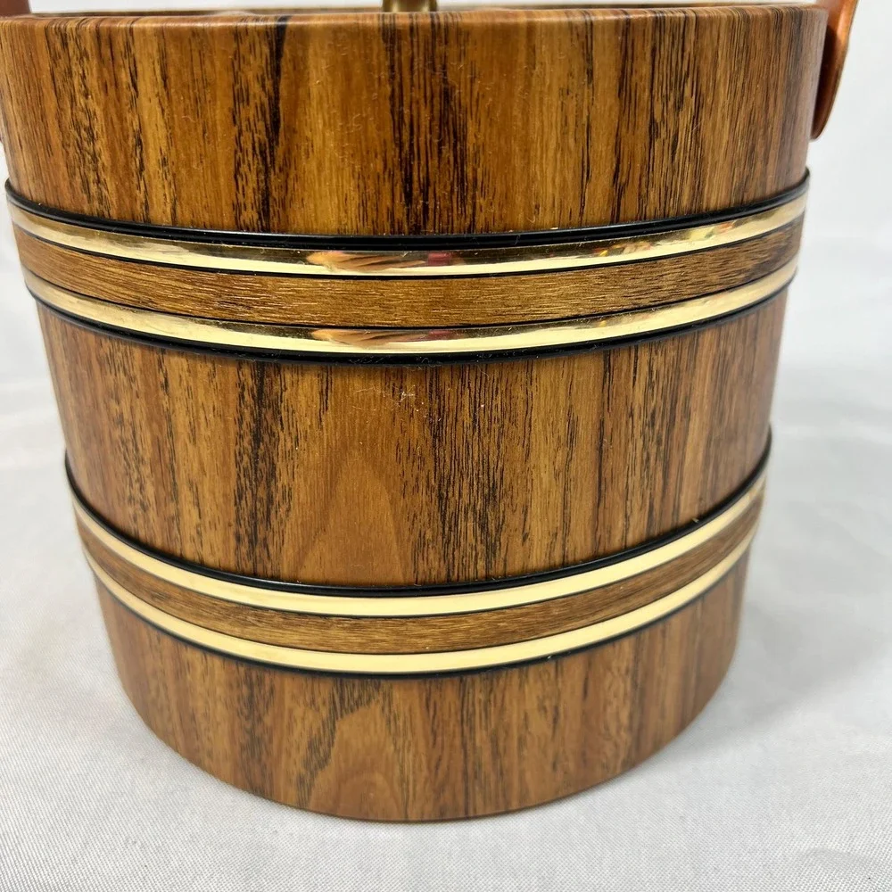 VTG Faux Wood Ice Bucket with Lid Handle Gold Tone Trim Elmar MFG LA Barware